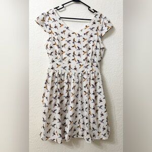 sm wardrobe Hummingbird White Dress with Colorful Bird Print - L